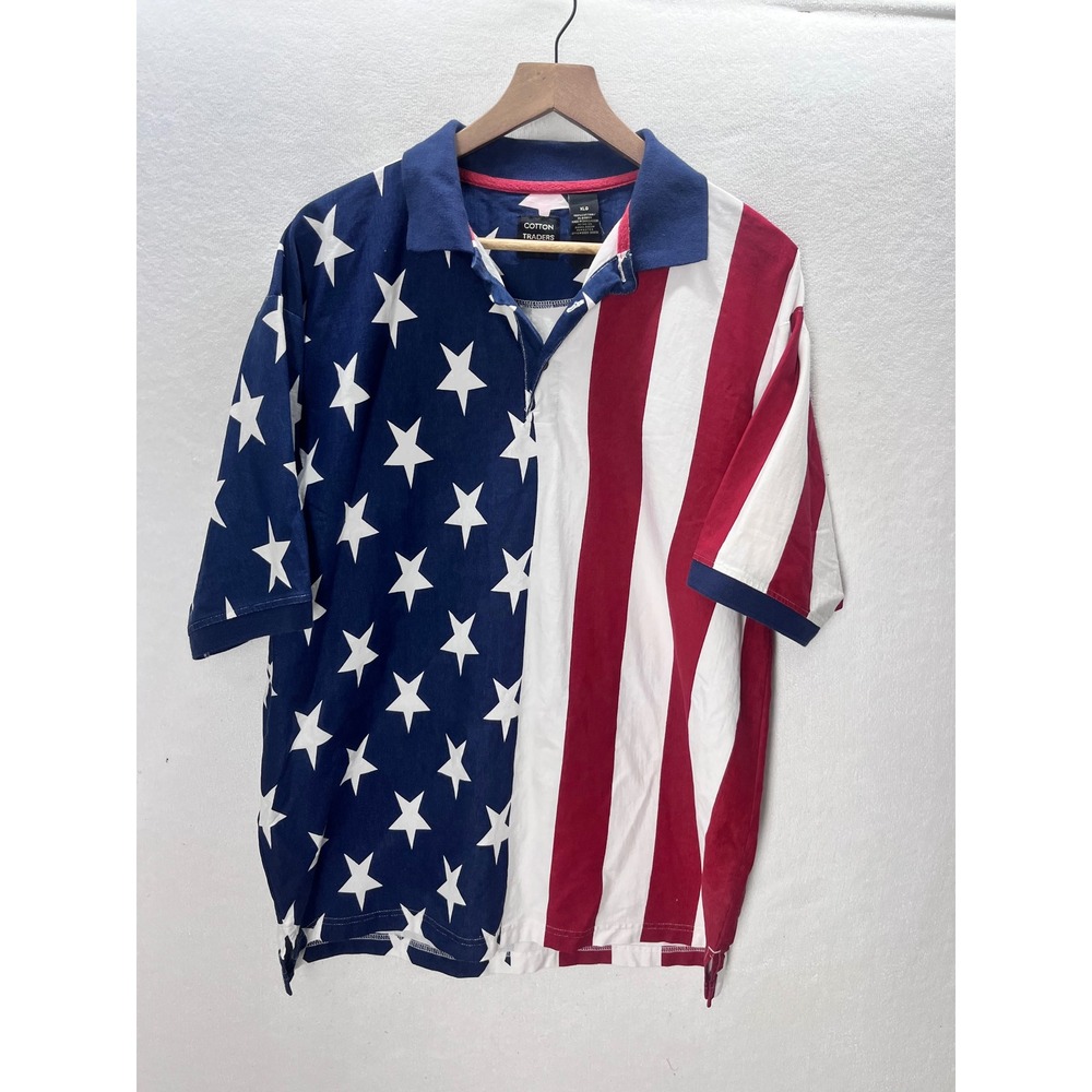 Cotton Trader Polo Shirt Mens XL Red White Blue American Flag Stars country 3245